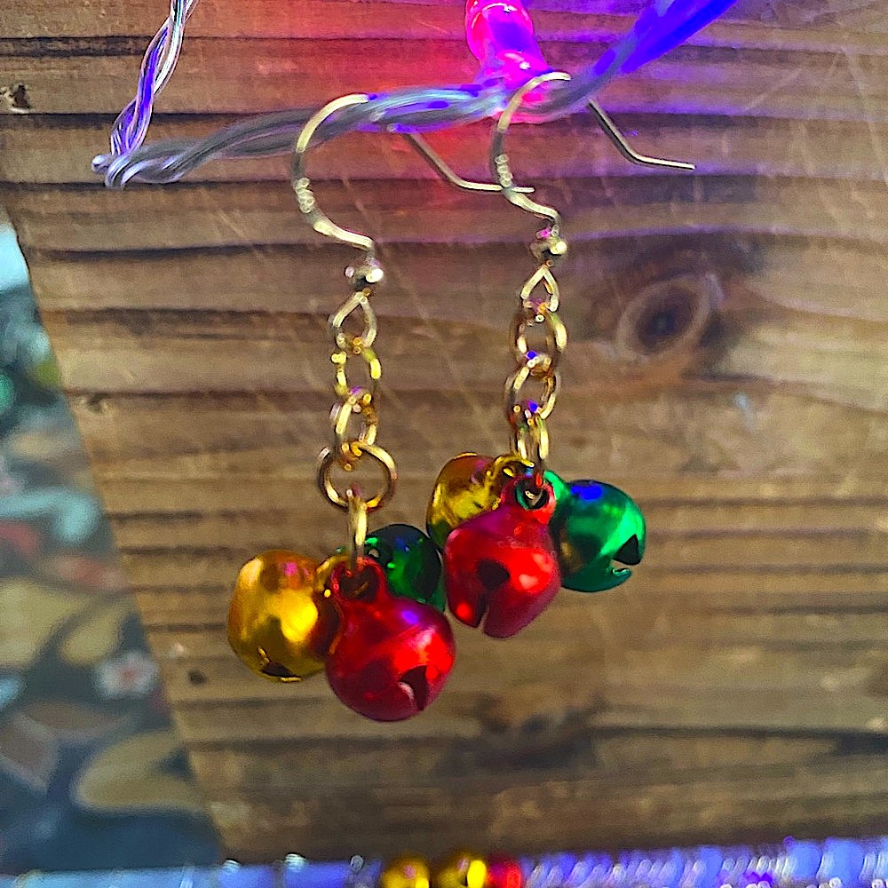 Festive Gold and Multicolor Jingle Bell Earrings